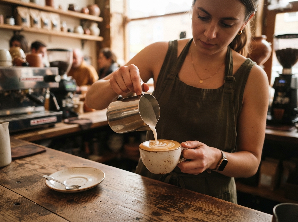 Barista sirviendo cafe